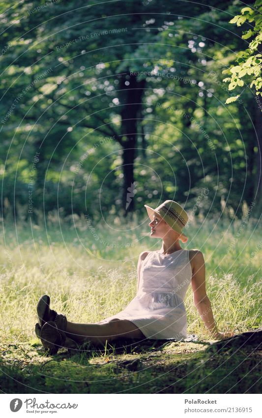 #A# relax 1 Mensch ästhetisch Gras Idylle Frau sitzen genießen Wald Park Hut Wiese Sommer Außenaufnahme Erholung weiß Kleid Farbfoto mehrfarbig Experiment
