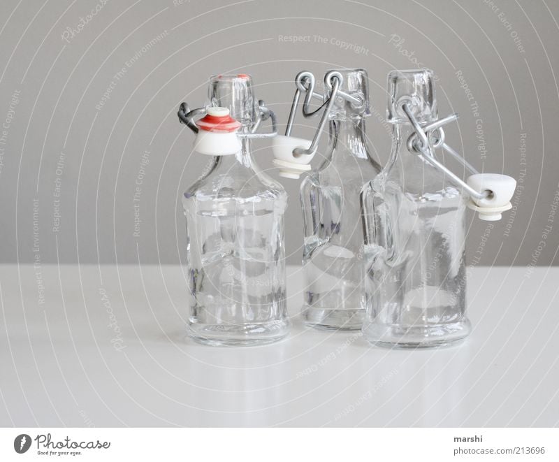glasklar Getränk Glas hell Behälter u. Gefäße Flaschenhals Flaschenverschluss Klarheit grau leer Farbfoto Innenaufnahme Pfandflasche 3 offen Stillleben
