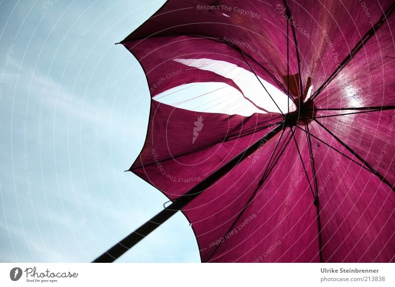 Alter lila Regenschirm mit großem Riss Schirm stockschirm alt fadenscheinig kaputt Loch violett Sonnenschirm durchlässig Stoff Gestell Metall altmodisch