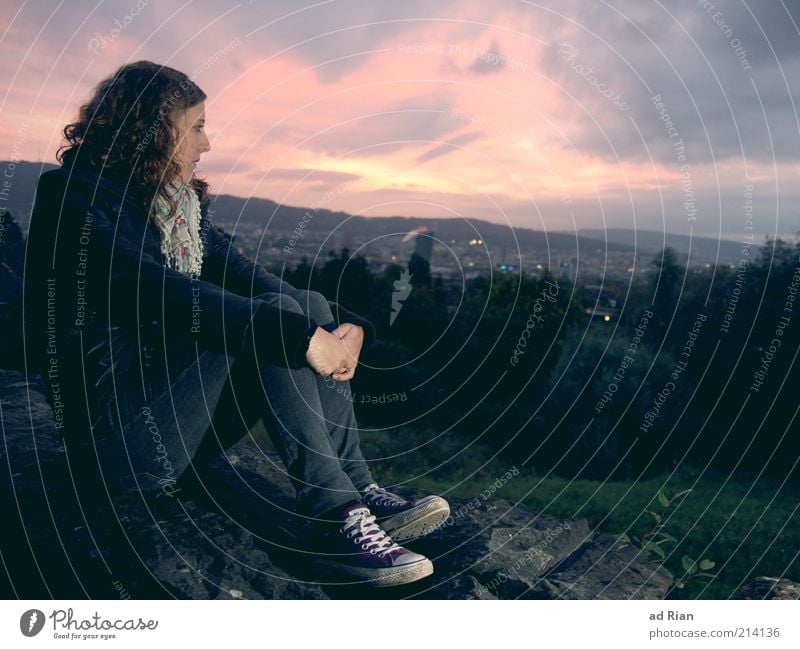 sleepless in Zürich ruhig Meditation feminin Junge Frau Jugendliche Erwachsene 1 Mensch 18-30 Jahre Nachthimmel Sonnenaufgang Sonnenuntergang Park Skyline Schal