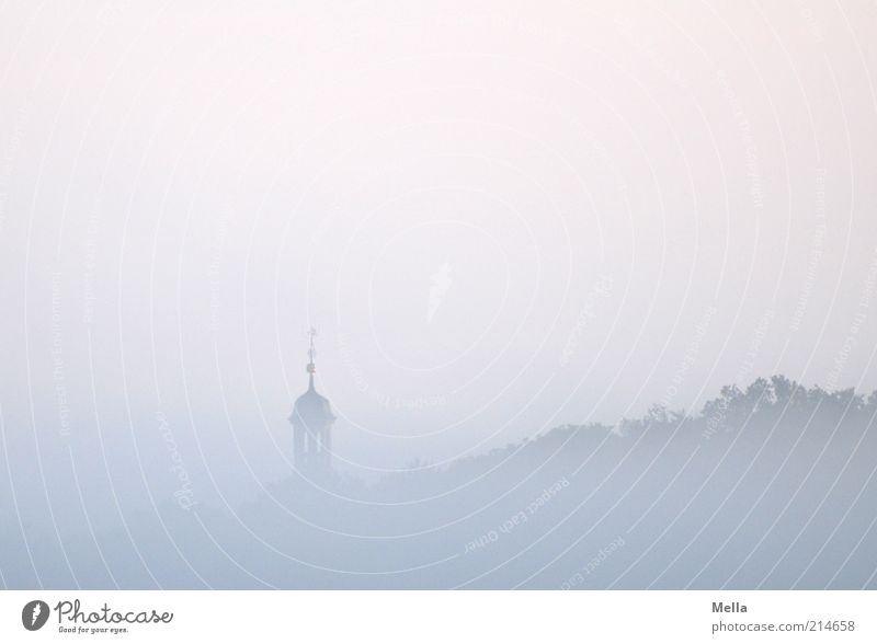 700 - Frühaufsteher Umwelt Natur Landschaft Himmel Wetter Nebel Wald Kirche Turm Dach Kuppeldach frisch kalt natürlich blau rosa Stimmung ruhig Glaube