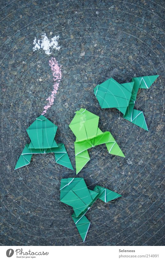 Festessen Freizeit & Hobby Spielen Basteln Origami Straße Tier Fliege Frosch füttern Kreide Zunge Farbfoto Außenaufnahme Ernährung Asphalt grün Menschenleer
