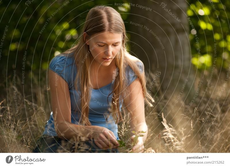 Bosquelina Mensch feminin Junge Frau Jugendliche Erwachsene 1 18-30 Jahre Natur Pflanze Sommer Schönes Wetter Wald blond langhaarig beobachten berühren schön