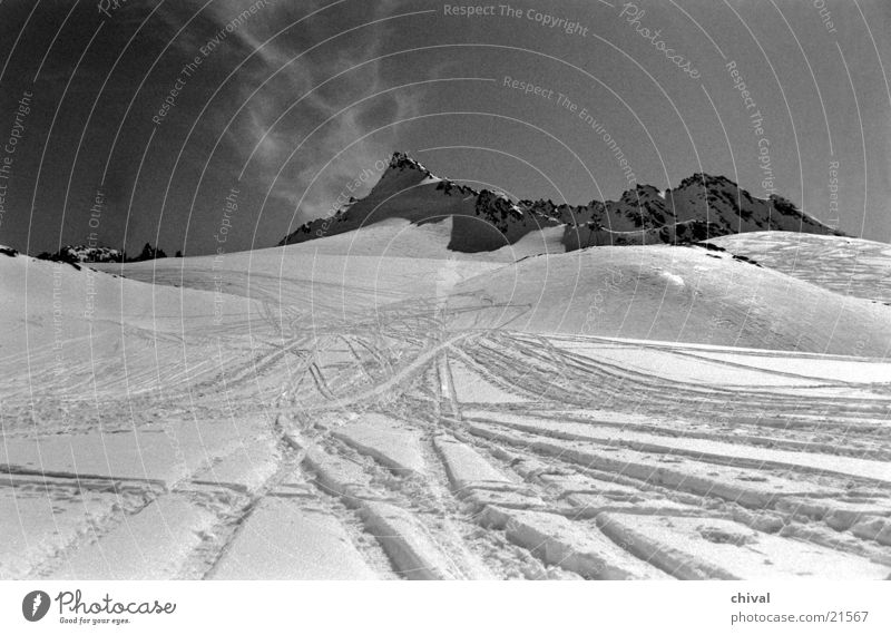 Silvretta Gegenlicht Cirrus Berge u. Gebirge Schnee Spuren Schwarzweißfoto
