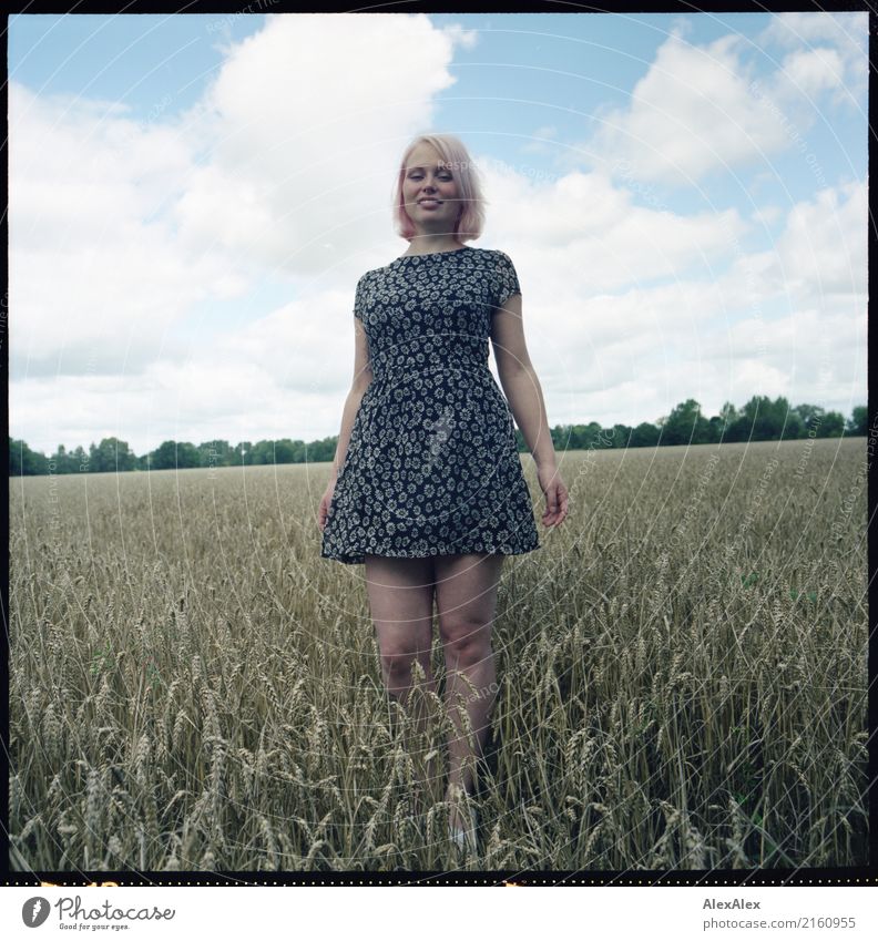 analoges Mittelformat Portrait einer jungen Frau, die in einem Sommerkleid in einem Feld steht Getreide Kornfeld Lifestyle Freude Glück schön Wohlgefühl