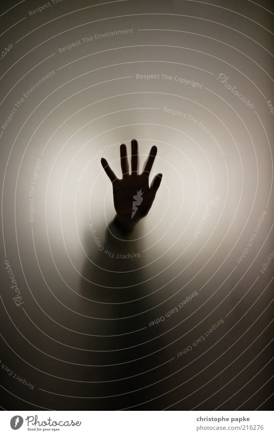 Silhouette einer Hand, Rest verschwimmt in Unschärfe Finger Glas berühren bedrohlich dunkel gruselig anonym Anonymität Angst gefährlich bizarr stoppen
