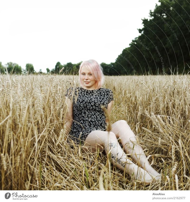 Portrait einer jungen, tätowierten Frau, die barfuß in einem Sommerkleid in einem Feld sitzt Getreide Glück schön Wohlgefühl Ausflug Junge Frau Jugendliche