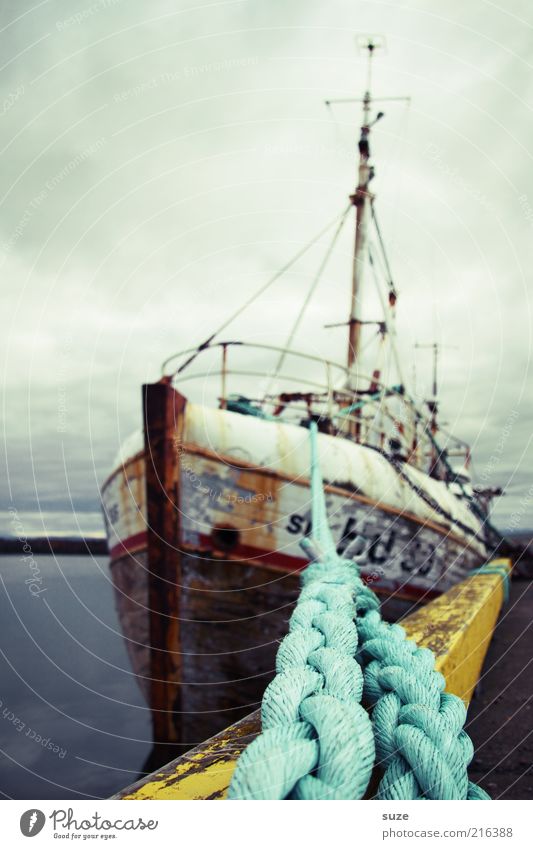 Kutter Meer Seil Umwelt Urelemente Luft Himmel Wolken Wetter Hafen Schifffahrt Wasserfahrzeug liegen alt authentisch fantastisch kalt ankern Island Fischerboot