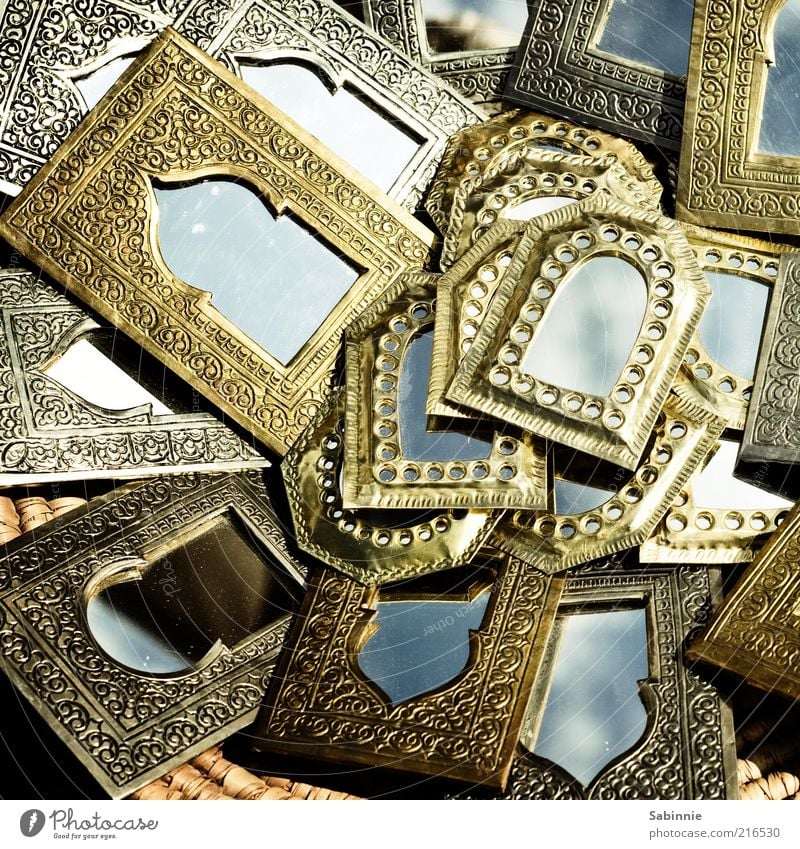 1001 Spiegel exotisch schön Metall Gold Ornament eckig blau Naher und Mittlerer Osten Afrikanisch Basar Messing Kunsthandwerk Souvenirladen Marktstand