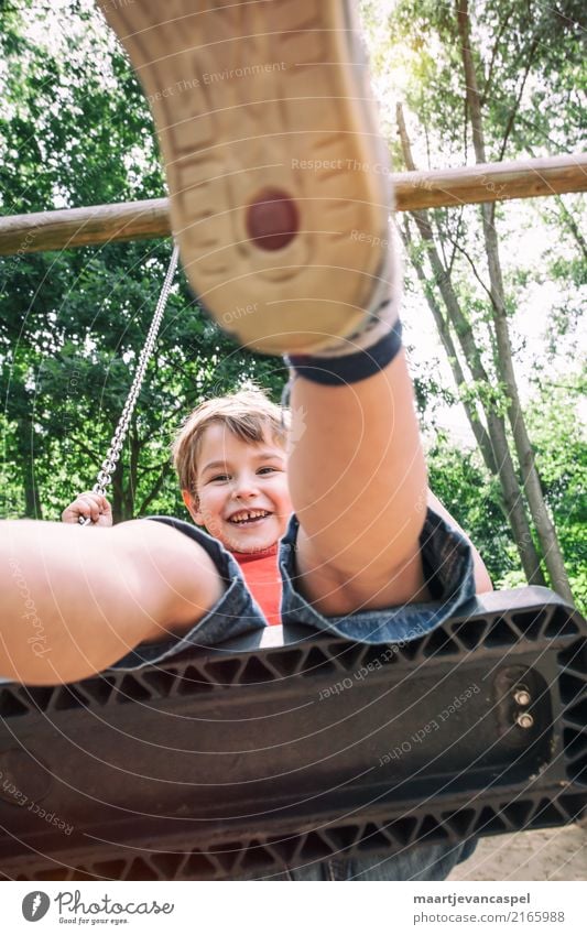 Kleiner Junge auf ein Schaukel im Park Freizeit & Hobby Spielen schaukeln Mensch maskulin Kind Kindheit Leben 1 3-8 Jahre Sommer blond Fröhlichkeit Glück lustig