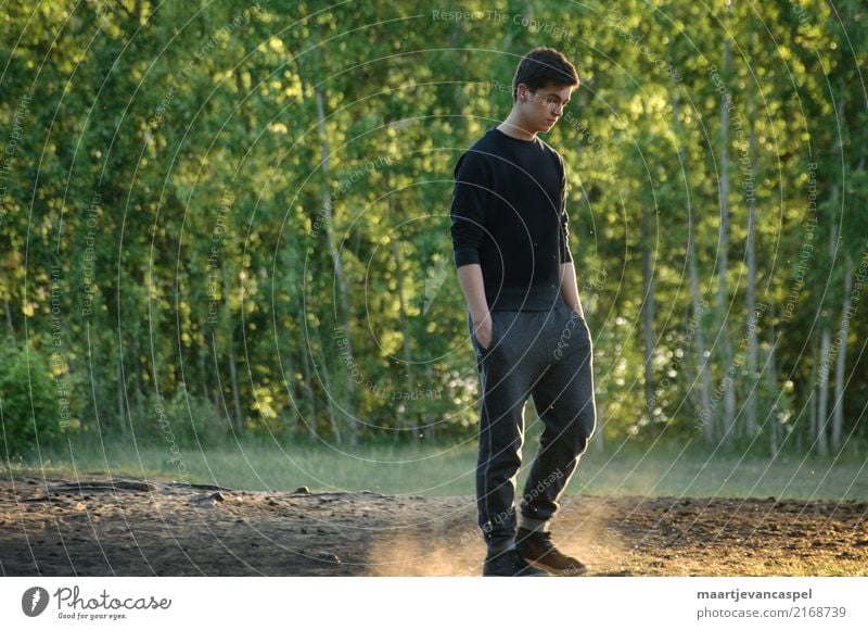 Nachdenklicher Teenager wandert im Wald Mensch maskulin Junger Mann Jugendliche Erwachsene Leben 1 13-18 Jahre Natur Sonnenlicht Trainingshose Turnschuh brünett