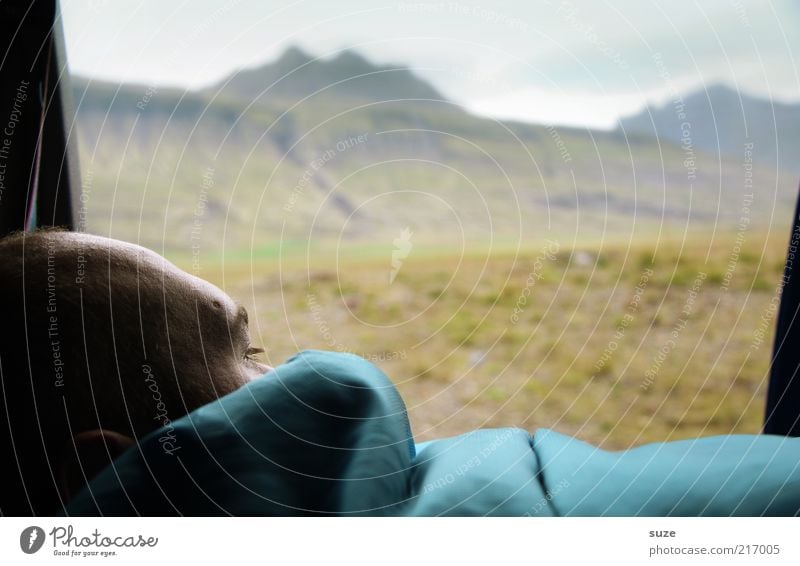Morgens halb 10 Mensch maskulin Mann Erwachsene Kopf Umwelt Natur Landschaft Wetter Wiese Berge u. Gebirge genießen Blick Island aufwachen Urlaubsfoto
