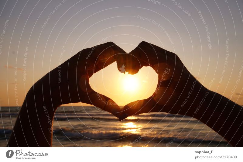 handgeformtes Herz vor dem Suset, Freundschaft Liebe Hände Sonnenuntergang Zusammensein Strand Partnerschaft gestikulieren Hand Urlaub Paar Sommer Sommerzeit