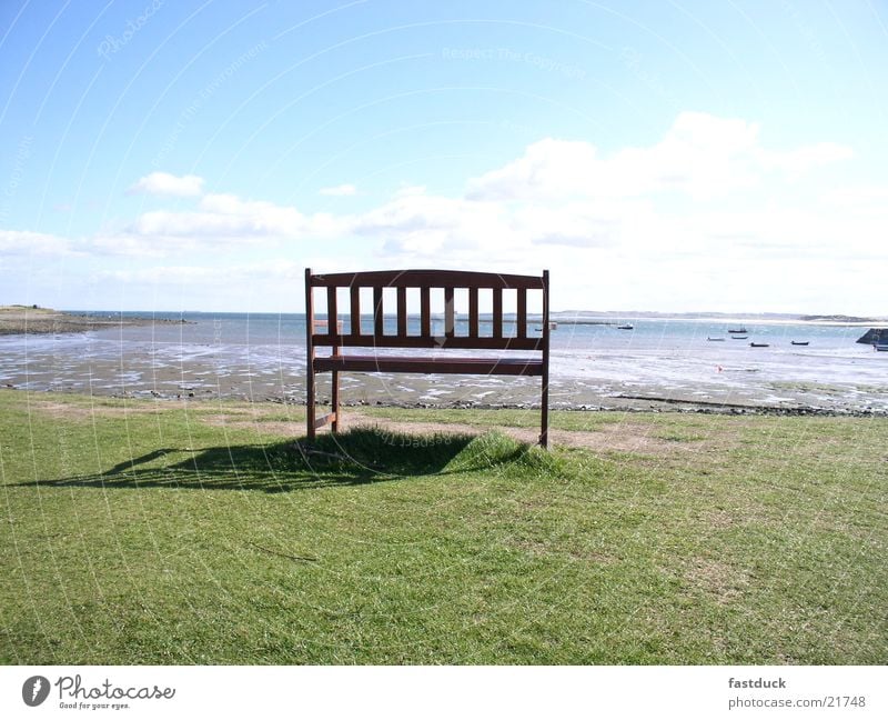 einsame Schönheit Schottland Großbritannien Küste Strand grün Meer holy island silllleben Bank Rasen blau Wasser