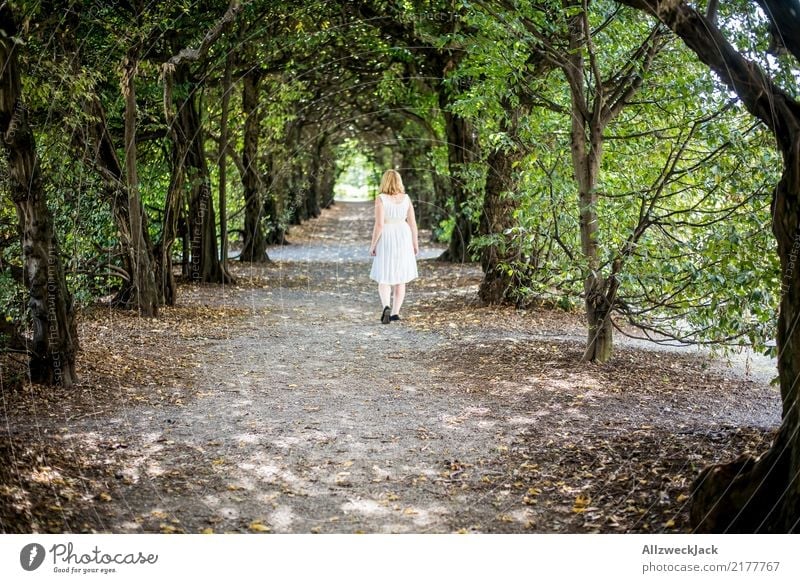 Im Park 3 Erholung ruhig Ausflug Sommer feminin Frau Erwachsene 1 Mensch Natur Baum Wald Kleid blond gehen grün weiß Romantik Einsamkeit Verhext Gang