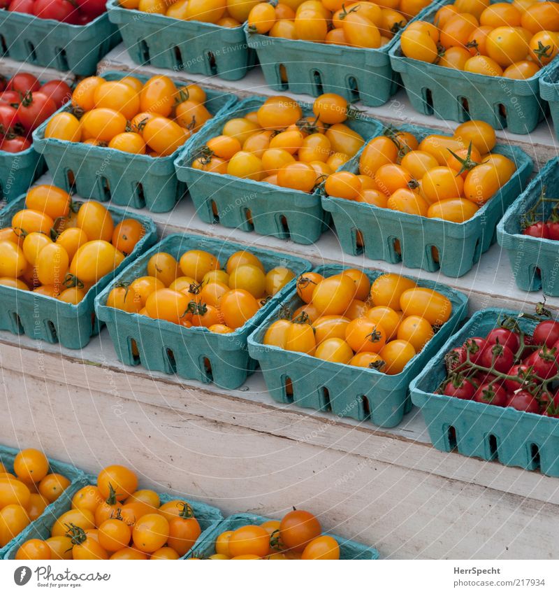 Tomätchen Lebensmittel Gemüse Tomate Cocktailtomate blau gelb rot Schalen & Schüsseln Behälter u. Gefäße Ordnung aufgereiht Marktstand Markttag