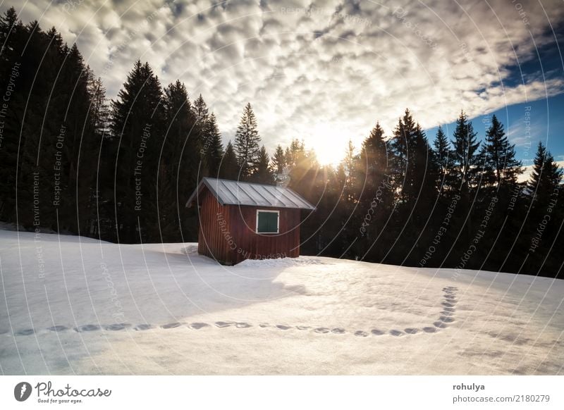 Morgen Sonnenaufgang über Kabine im Winter alpinen Wald und Schnee Ferien & Urlaub & Reisen Berge u. Gebirge wandern Haus Natur Landschaft Himmel Wolken