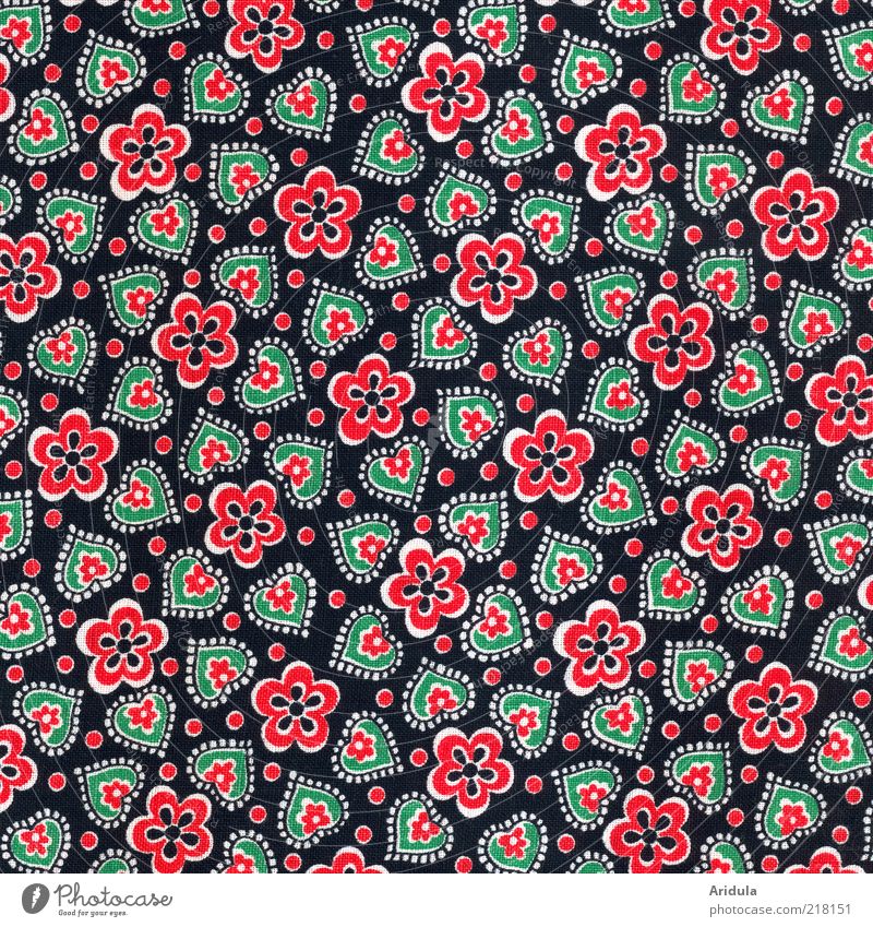 Stoffmuster_Blümchen/Herzchen Mode Textilien Design schwarz rot grün Punkt niedlich Strukturen & Formen Muster herzförmig Blumenmuster