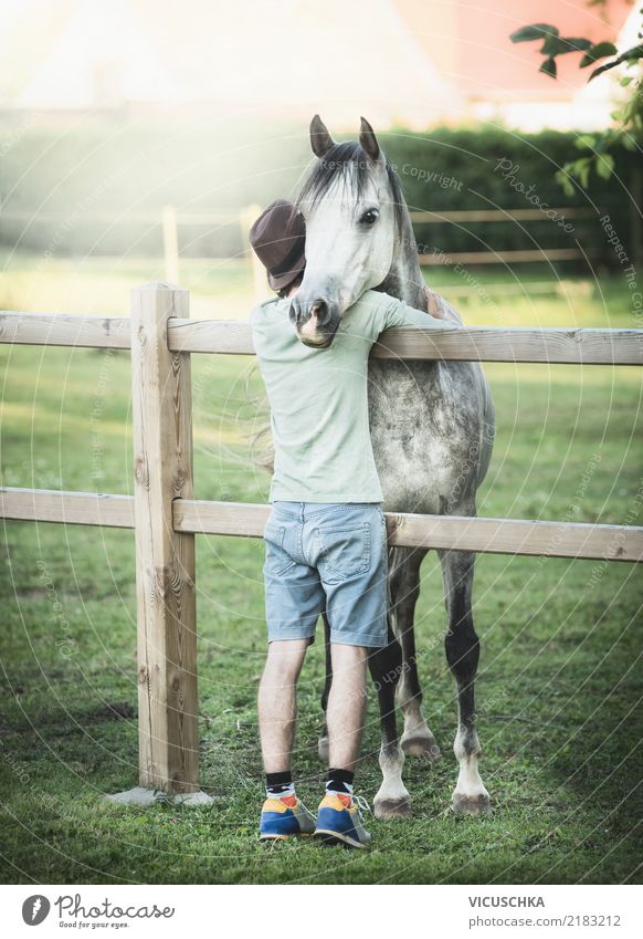 Junge Mann umarmt Pferd Lifestyle Mensch Junger Mann Jugendliche Natur Wiese Tier Gefühle Stimmung Weide Zaun Umarmen Farbfoto Außenaufnahme Textfreiraum oben