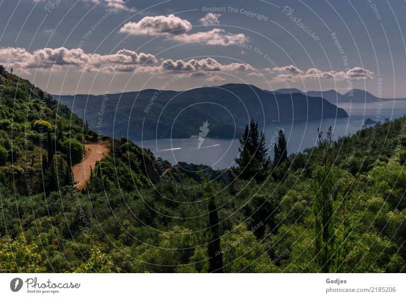 Blick von Angelokastro II Natur Landschaft Pflanze Wasser Himmel Wolken Horizont Sommer Baum Sträucher Hügel Küste Bucht Korfu Sehenswürdigkeit entdecken