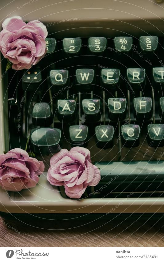Vintage Schreibmaschine mit Papierrosen Bildung Arbeit & Erwerbstätigkeit Beruf Büroarbeit schreiben Schriftsteller Kunst Kunstwerk Kultur Blume Rose