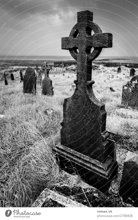 Friedhof am Meer Wiese bedrohlich Nordirland Kreuz Grabstein kalt gruselig verwildert Einsamkeit Religion & Glaube anonym Ferne Feld ungemütlich Düsterwald