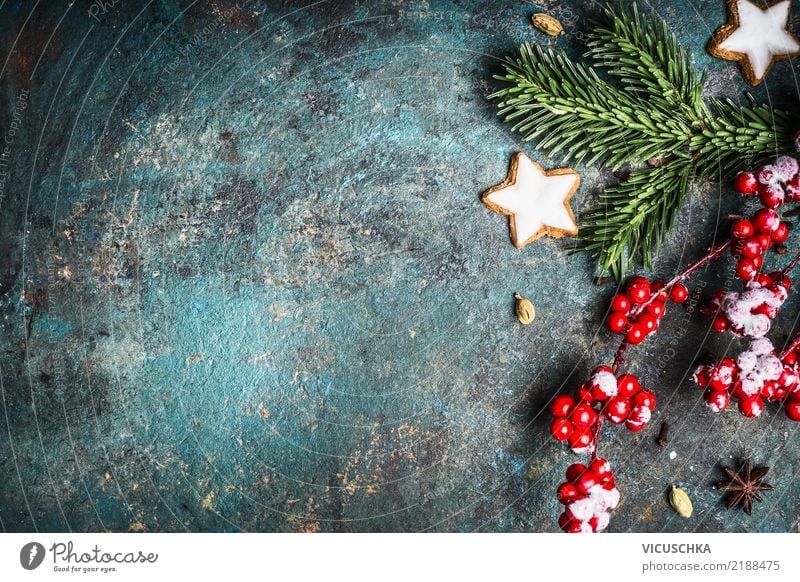 Weihnachten Hintergrund mit Dekoration Stil Design Winter Dekoration & Verzierung Weihnachten & Advent retro Tradition Hintergrundbild Tannenzweig Plätzchen