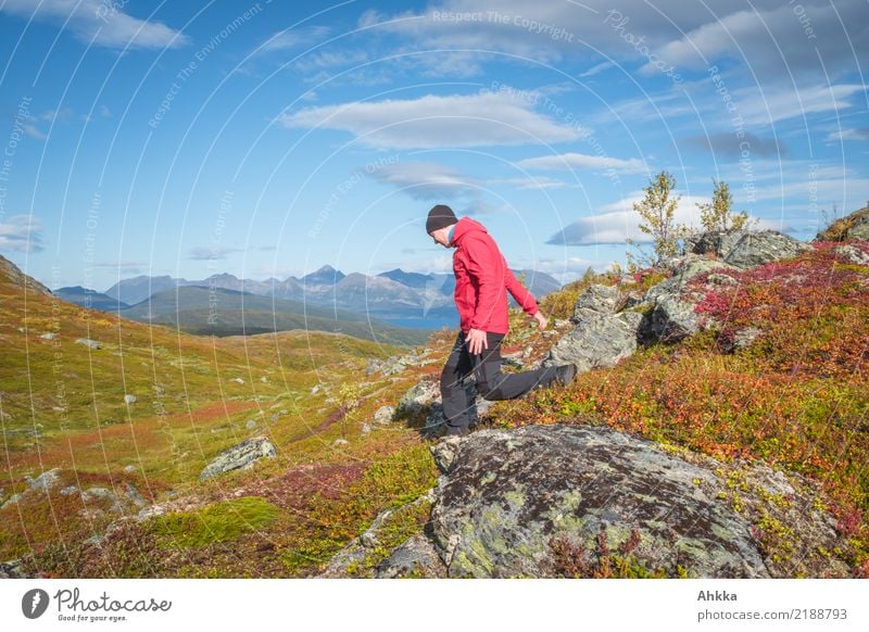 Herbstausflug Ausflug Abenteuer wandern Junger Mann Jugendliche Landschaft Himmel Horizont Schönes Wetter Fjäll Norwegen Bewegung laufen wild Lebensfreude