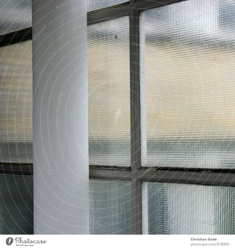 Durchsicht Menschenleer Bauwerk Gebäude Architektur Fenster grau Säule Glasscheibe Sicherheitsglas weiß Fensterscheibe gelb Ocker Gedeckte Farben Innenaufnahme