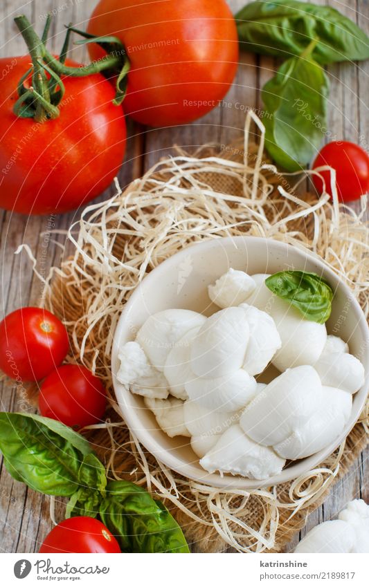 Italienischer Käse Mozzarella-nodini mit Tomaten und Kräutern Ernährung Vegetarische Ernährung Schalen & Schüsseln Gabel Holz weich grün rot weiß Tradition