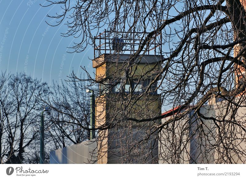 Grenzgebiet Berlin Stadt Hauptstadt Stadtzentrum Menschenleer Turm stagnierend Stimmung Stress Überwachung Grenze Todesstreifen Wachturm Winter Baum Farbfoto