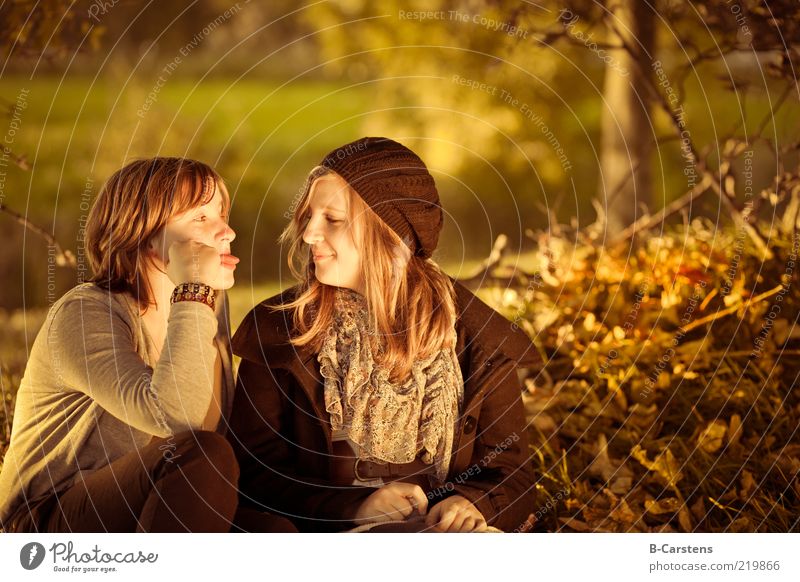 Girlfriends Freude Mensch Freundschaft Jugendliche Leben 2 Natur Erde Sonnenlicht Herbst Baum Gras Sträucher Blatt Wald Lächeln frech Zusammensein Gefühle
