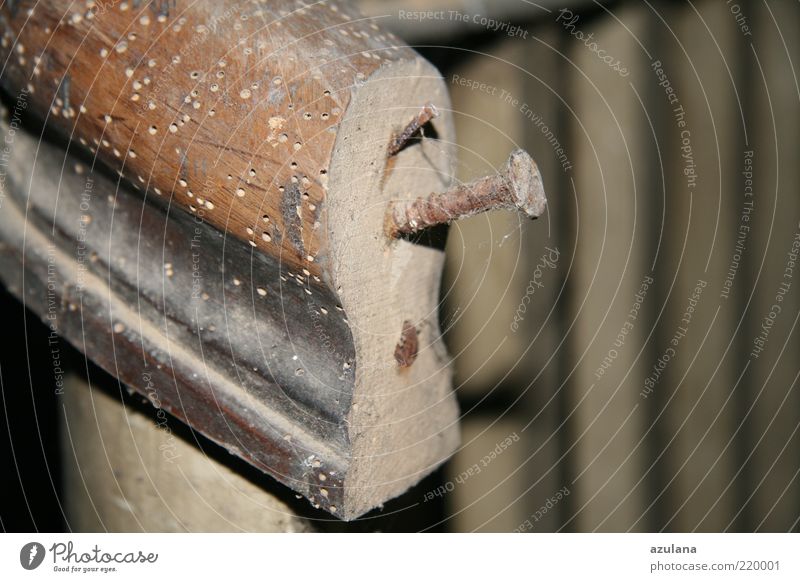 Aufpassen beim Geländerrutschen ;-) Menschenleer Holz Verfall Vergänglichkeit Nagel Spinngewebe Holzwurm zerfressen Schraube Altbau braun Detailaufnahme