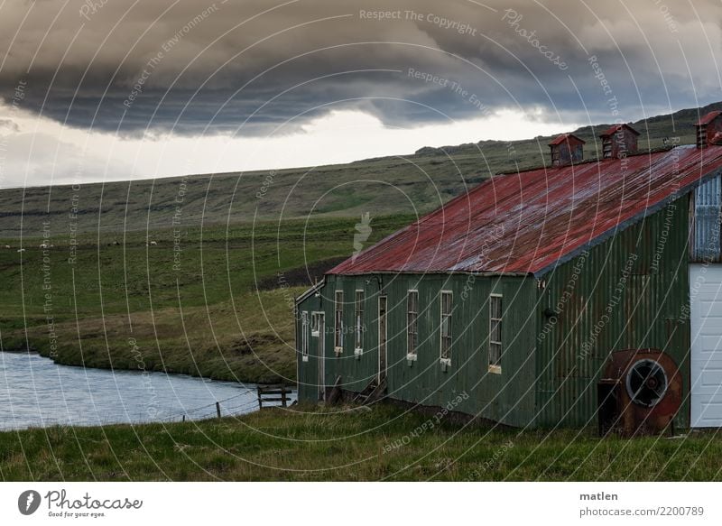 in Deckung Natur Landschaft Pflanze Himmel Wolken Frühling Schönes Wetter Gras Hügel Berge u. Gebirge Küste Fjord Menschenleer Haus Fenster blau grau grün rot