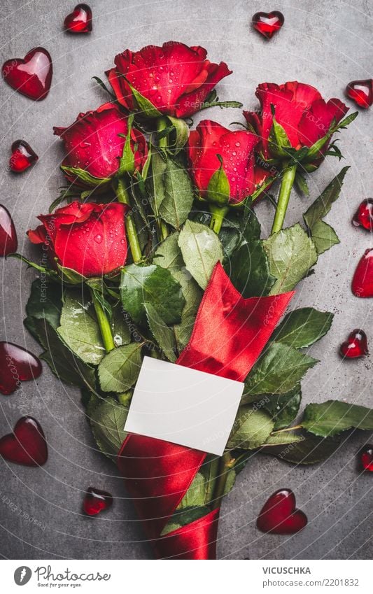Blumenstrauß mit roten Rosen, Schleife und Grußkarte elegant Stil Design Dekoration & Verzierung Feste & Feiern Valentinstag Muttertag Hochzeit Geburtstag Natur