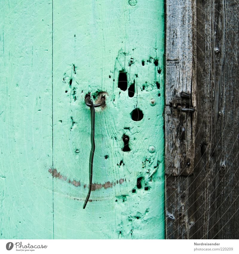 ;-) Tür alt grün skurril Vergangenheit Schloss Haken Türschloss Smiley grinsen Lächeln Verschluss offen Farbfoto Außenaufnahme Textfreiraum links
