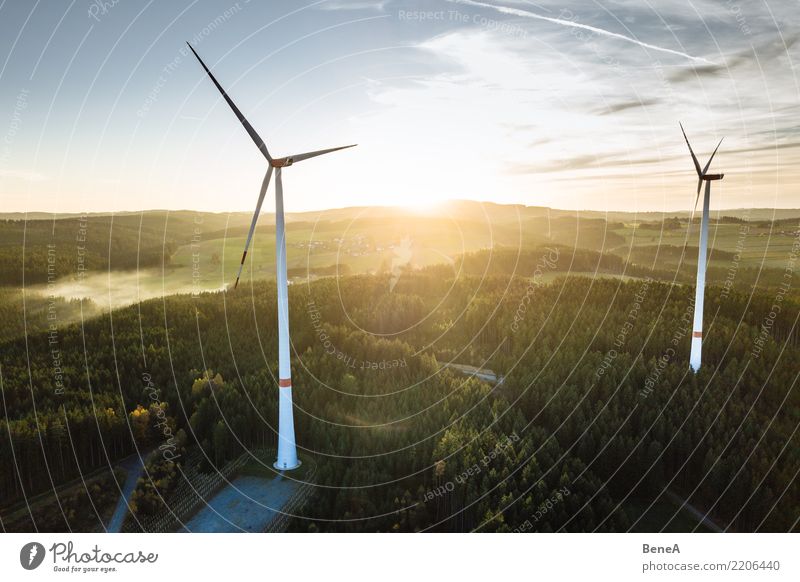 Windpark im Wald bei Sonnenuntergang von oben Industrie Energiewirtschaft Technik & Technologie Fortschritt Zukunft High-Tech Erneuerbare Energie