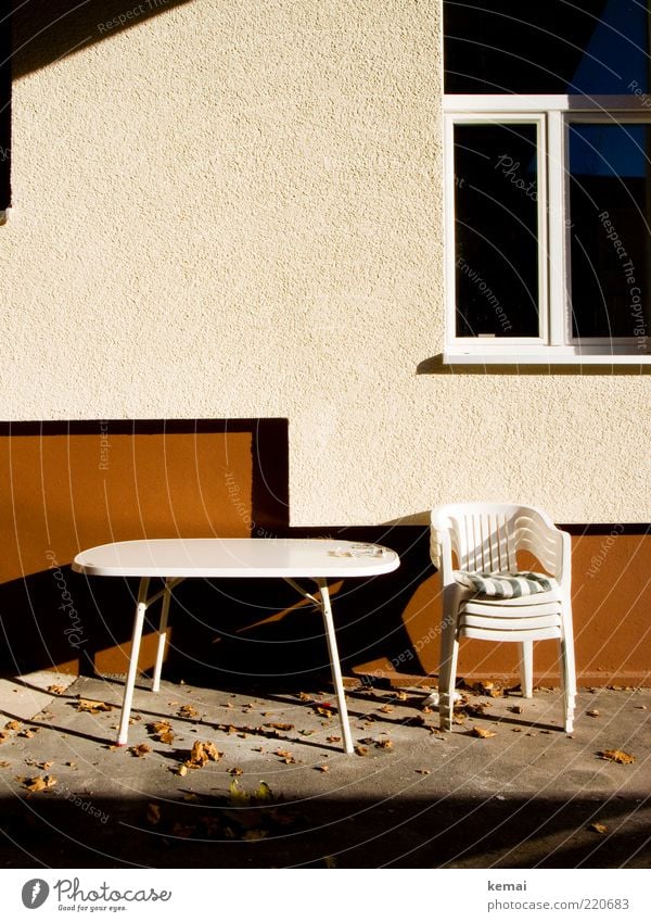 Ende der Saison Häusliches Leben Haus Möbel Stuhl Tisch Campingstuhl Plastikstuhl Kissen Landschaft Herbst Schönes Wetter Blatt Innenhof Terrasse Mauer Wand