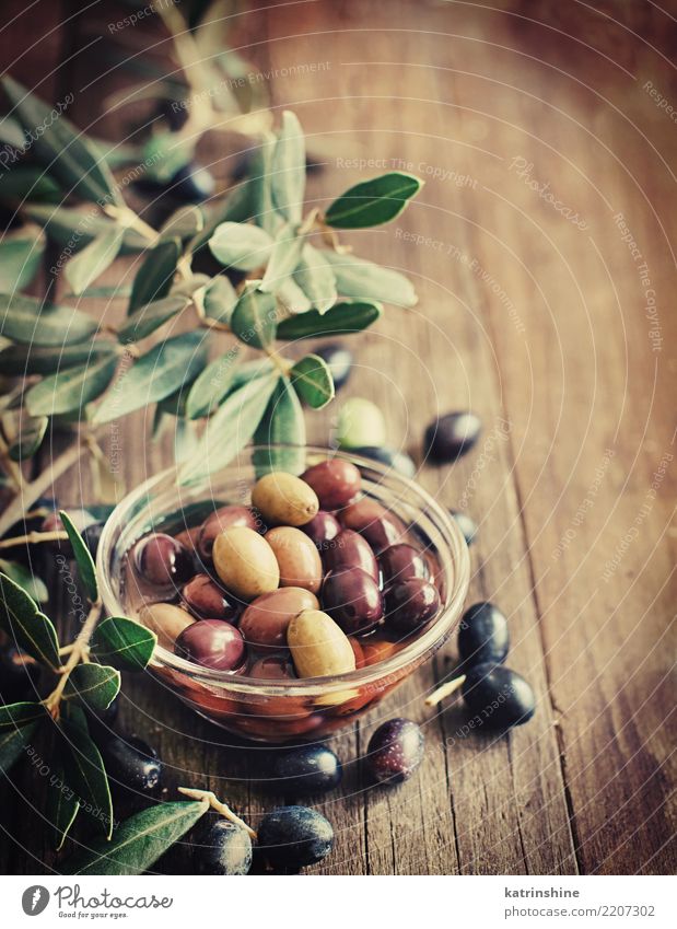 Frische Oliven und Ölzweig auf rustikalem hölzernem Hintergrund Gemüse Ernährung Diät Flasche Blatt dunkel frisch natürlich braun gelb grün Ast Geschmack
