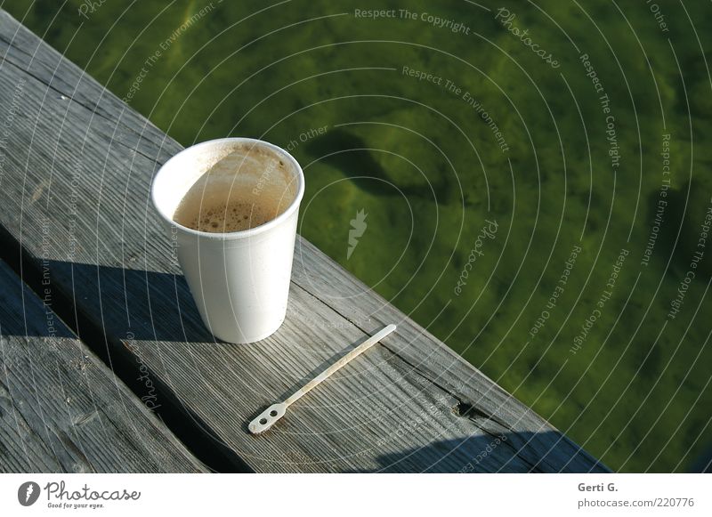 CoffeeToGo Kaffeetrinken Getränk Heißgetränk Becher Löffel Erholung ruhig Wasser Holz Zufriedenheit See Steg Pause Frühstückspause grün deutlich durchsichtig