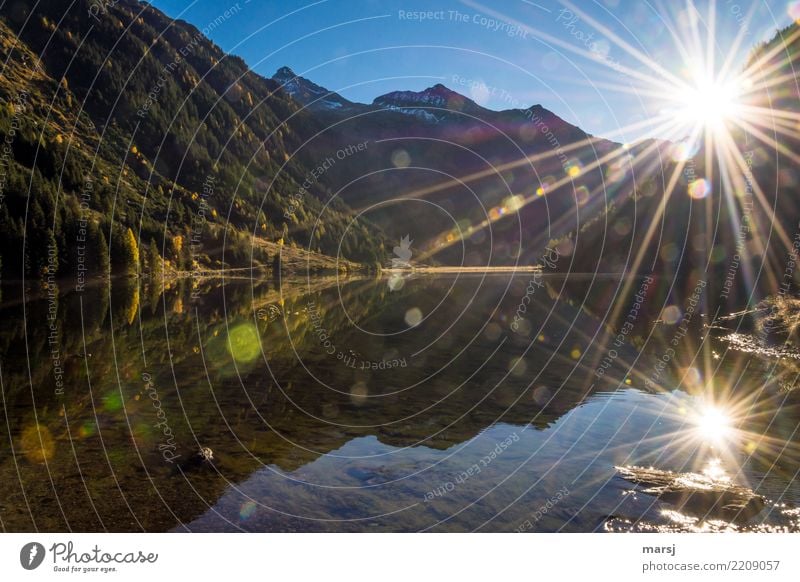 Herbstliche Doppelsonne Natur Sonne Sommer Schönes Wetter See Riesachsee Gebirgssee Sonnenstern leuchten außergewöhnlich Reflexion & Spiegelung Blendeneffekt