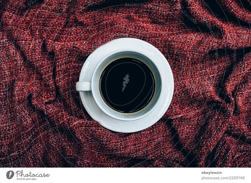Tasse Kaffee für Morgen, Draufsicht Frühstück Getränk Espresso Leben Stoff alt dunkel heiß natürlich braun schwarz aromatisch Leinen Koffein Grunge rustikal