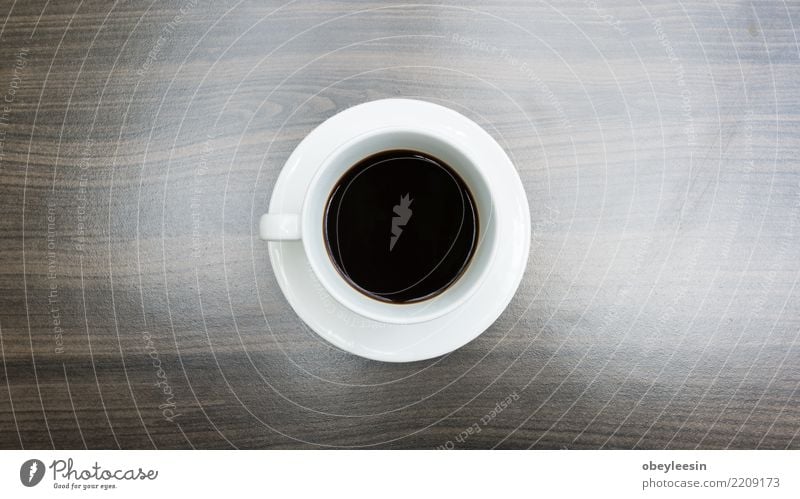 Tasse Kaffee für Morgen, Draufsicht Frühstück Getränk Espresso Leben Tisch Holz alt dunkel heiß natürlich schwarz aromatisch Koffein Becher Sack Wittern