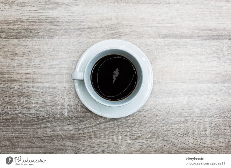Tasse Kaffee für Morgen, Draufsicht Frühstück Getränk Espresso Leben Tisch Holz alt dunkel heiß natürlich braun schwarz aromatisch Koffein rustikal Sack Wittern