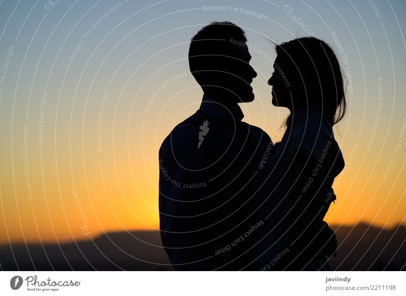 Schattenbild einer jungen Braut und des Bräutigams auf Sonnenunterganghintergrund Glück schön Hochzeit Mensch Frau Erwachsene Mann Paar 2 18-30 Jahre