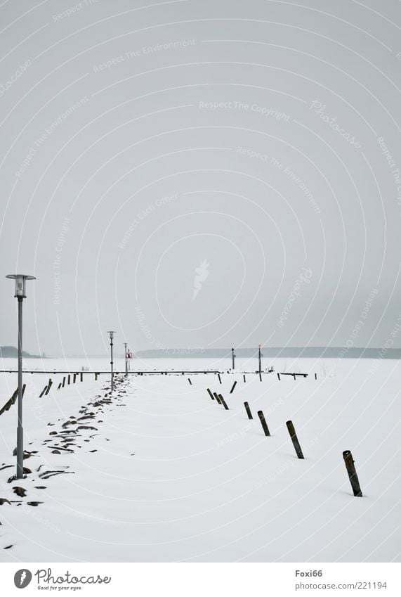 Eissteg Ausflug Winter Schnee Natur Wind Frost Seeufer Müritz Menschenleer Brücke Sehenswürdigkeit Hafen Stein Holz Wasser kalt nass grau schwarz weiß Farbfoto