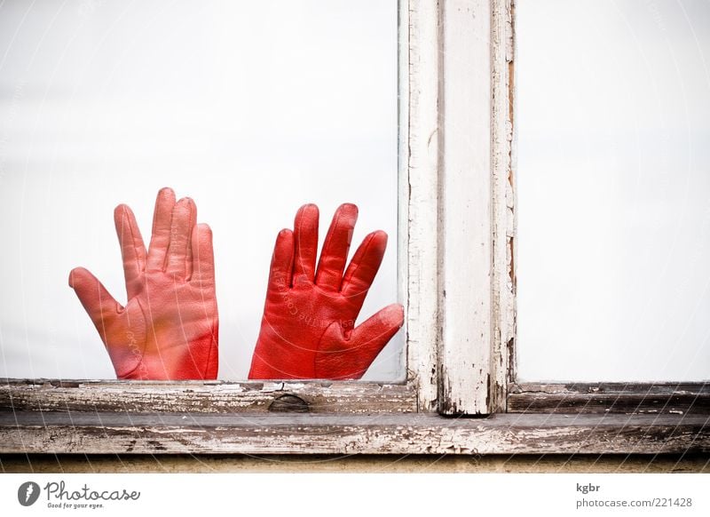 rot händle Fenster Leder Handschuhe Farbfoto Außenaufnahme Menschenleer Textfreiraum rechts Textfreiraum oben Tag Fensterrahmen Holz abblättern alt verwittert