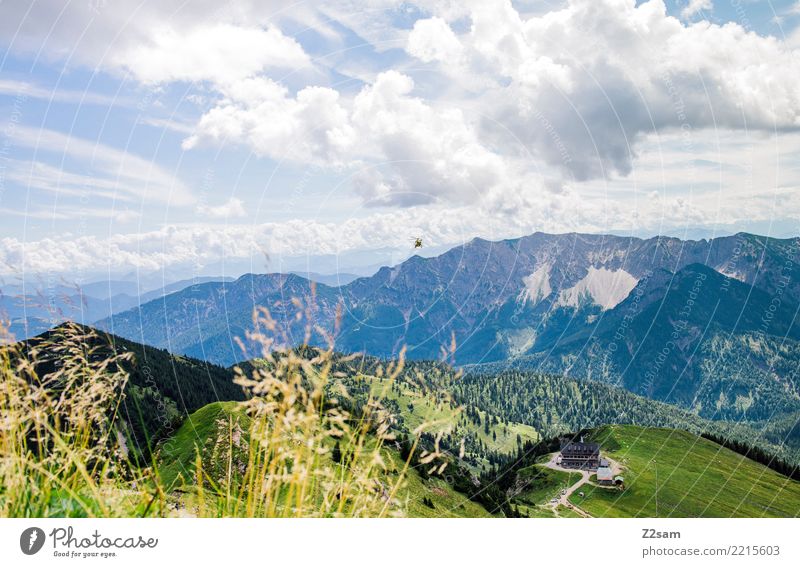 Hubschrauber vor Bergkulisse Berge u. Gebirge Natur Landschaft Sommer Schönes Wetter Sträucher Alpen fliegen ästhetisch gigantisch Unendlichkeit natürlich blau