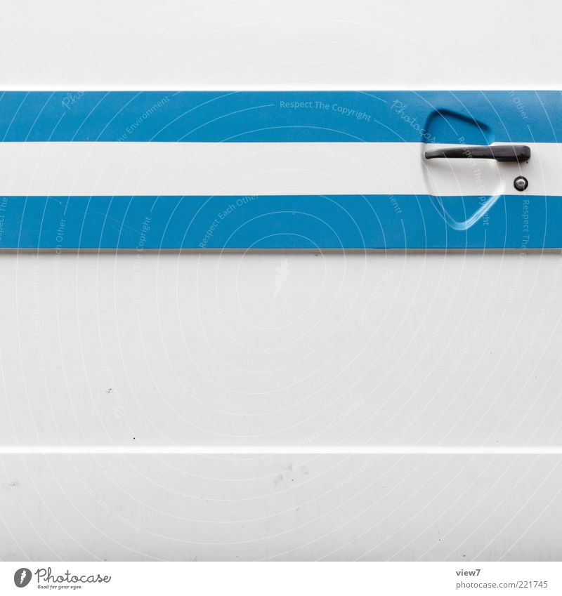 Schiebetür Fahrzeug Wohnmobil Bus Metall Zeichen Linie Streifen alt ästhetisch authentisch dünn einfach Freundlichkeit frisch modern neu retro Klischee blau