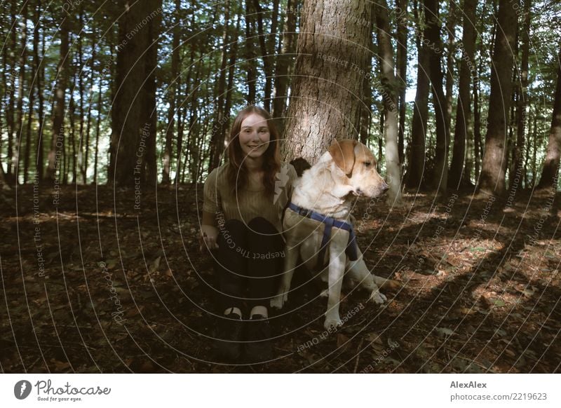 Waldspaziergang Lifestyle Freude schön Leben Ausflug Junge Frau Jugendliche 18-30 Jahre Erwachsene Natur Schönes Wetter Baum brünett langhaarig Haustier Hund